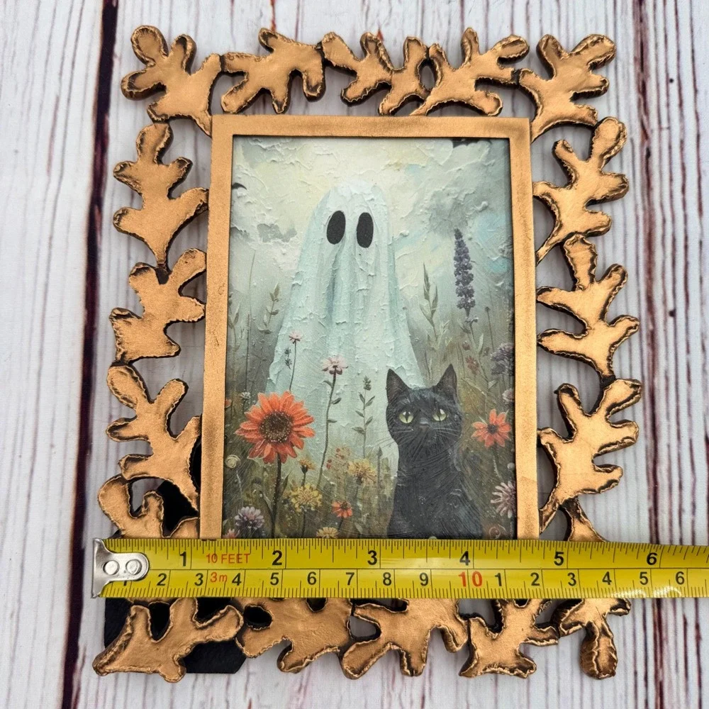 Ghost and Black Cat Decoupage Art in Gold Ornate Branch Frame Halloween Decor